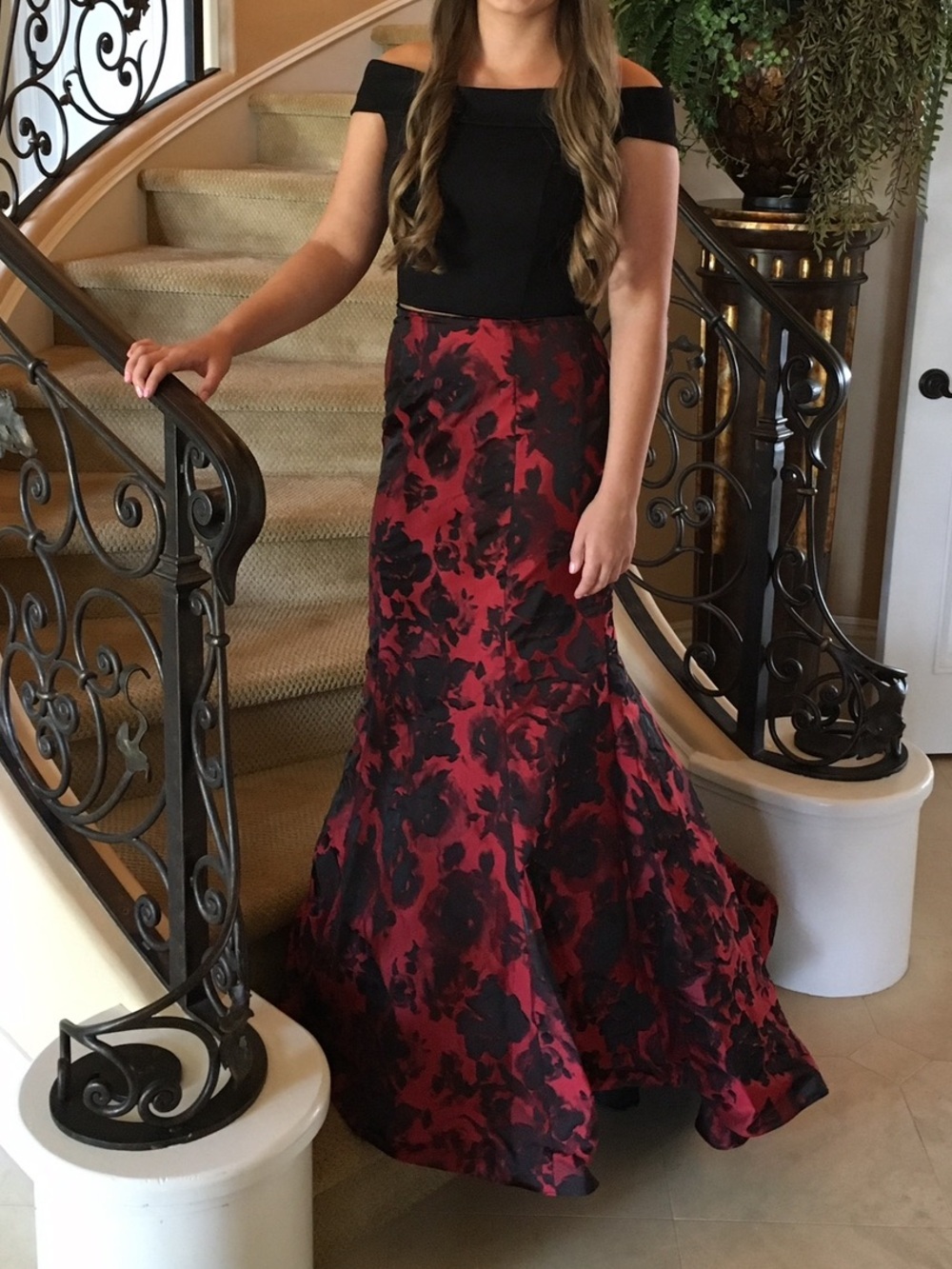 Sherri Hill Black Off-Shoulder Top with Red and Black Floral Mermaid Skirt